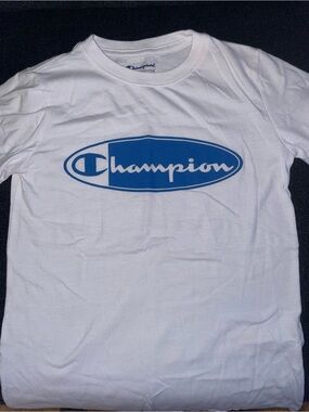 Champion White Short Sleeve Tee with Blue Oval Logo